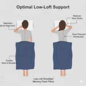 Infographic showing the ideal low-profile setting of an adjustable loft pillow shredded foam for stomach sleepers.