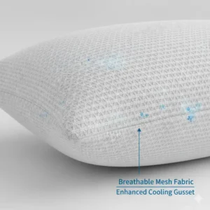 Macro view of breathable mesh fabric on a pillow with gusseted edges better airflow technology.