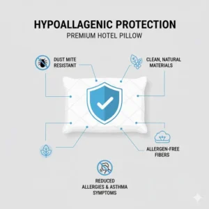 Graphic showing the dust-mite-resistant materials of a premium hotel pillow for home use.