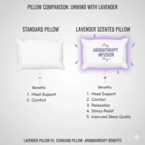 A side-by-side graphic comparing a standard pillow with a pillow with lavender scent for relaxation, highlighting the added aromatherapy benefits.