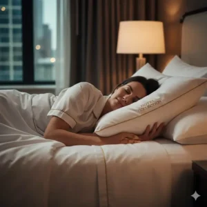 Side view of a sleeper resting comfortably on a hotel collection pillow with down alternative for neck support.