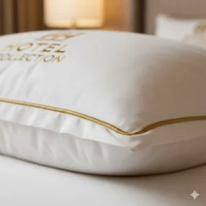 Detailed view of the durable gold piping and stitching on a hotel collection pillow with down alternative.