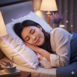 A woman sleeping deeply and comfortably on a pillow with lavender scent for relaxation, looking relaxed and tension-free.