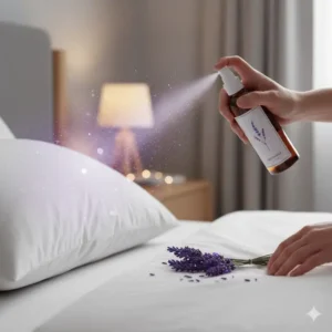 A hand gently misting a pillow with lavender scent for relaxation spray to reactivate the calming scent for continued relaxation.