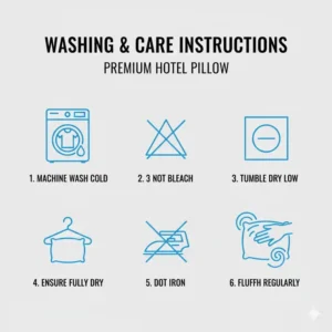 Easy-to-follow washing icons for maintaining a premium hotel pillow for home use.