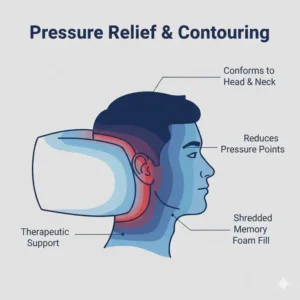 A pressure map showing how the head and neck are supported by an adjustable loft pillow shredded foam.