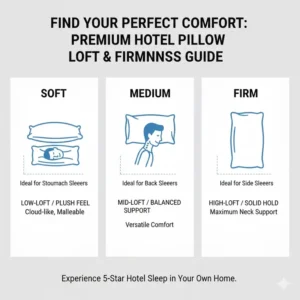 Visual guide to different loft and firmness levels for a premium hotel pillow for home use.