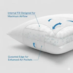 Transparent view of the internal fiberfill within a pillow with gusseted edges better airflow through air pockets.