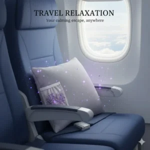 A compact, travel-sized pillow with lavender scent for relaxation placed on an airplane seat to help travelers relax during long flights.