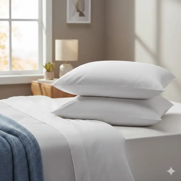 Two fluffy white pillows stacked on a bed, showcasing the best cheap pillow 2 pack Amazon deals for a cozy bedroom.