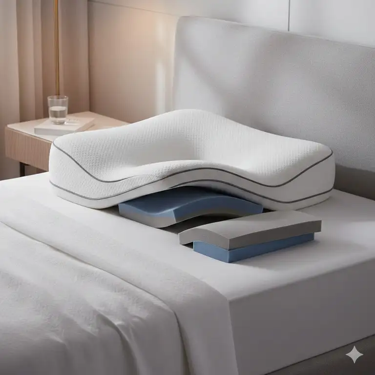 A premium orthopedic pillow with adjustable height shown on a luxury bed.