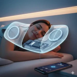 Internal diagram showing the speakers inside a pillow with Bluetooth speakers sleep music.