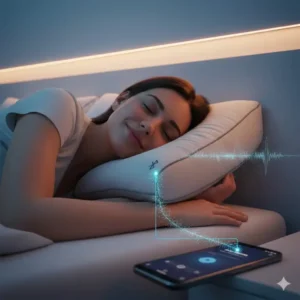 Smartphone connected wirelessly to a pillow with Bluetooth speakers sleep music.