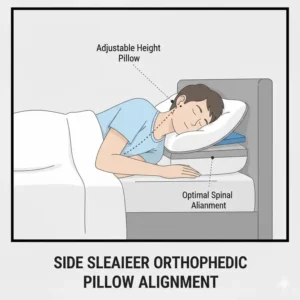 Side sleeper maintaining spinal alignment with an orthopedic pillow with adjustable height.
