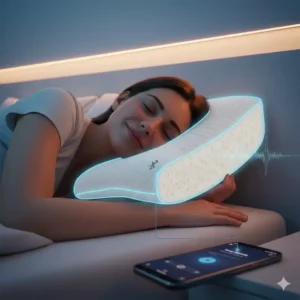 Close-up of the premium fabric used for the pillow with Bluetooth speakers sleep music.