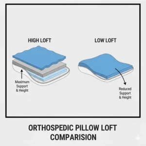 Comparison of high and low loft settings on an orthopedic pillow with adjustable height.