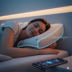 A side sleeper enjoying comfort without headphones using a pillow with Bluetooth speakers sleep music.