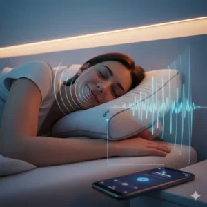 Visual representation of sound waves from a pillow with Bluetooth speakers sleep music.