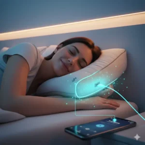 Discreet USB charging port on the side of a pillow with Bluetooth speakers sleep music.