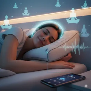 Practicing guided meditation with ambient sounds from a pillow with Bluetooth speakers sleep music.