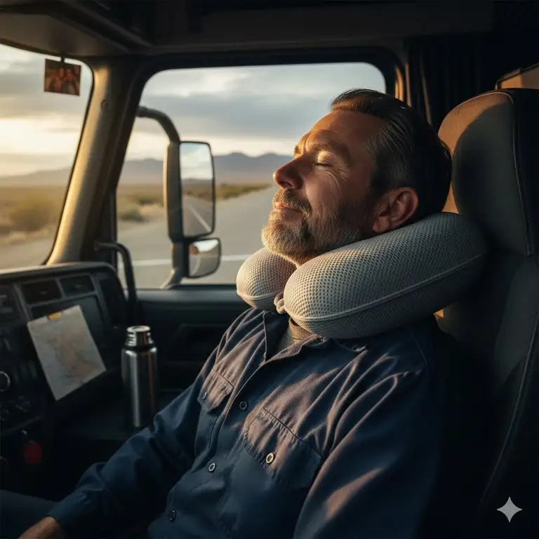 A professional trucker resting in the cabin using a specialized pillow for truck drivers long trips to prevent neck pain.
