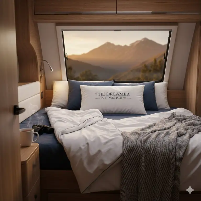 A cozy RV interior with the best RV pillow for travelers on a bed overlooking a mountain sunrise.