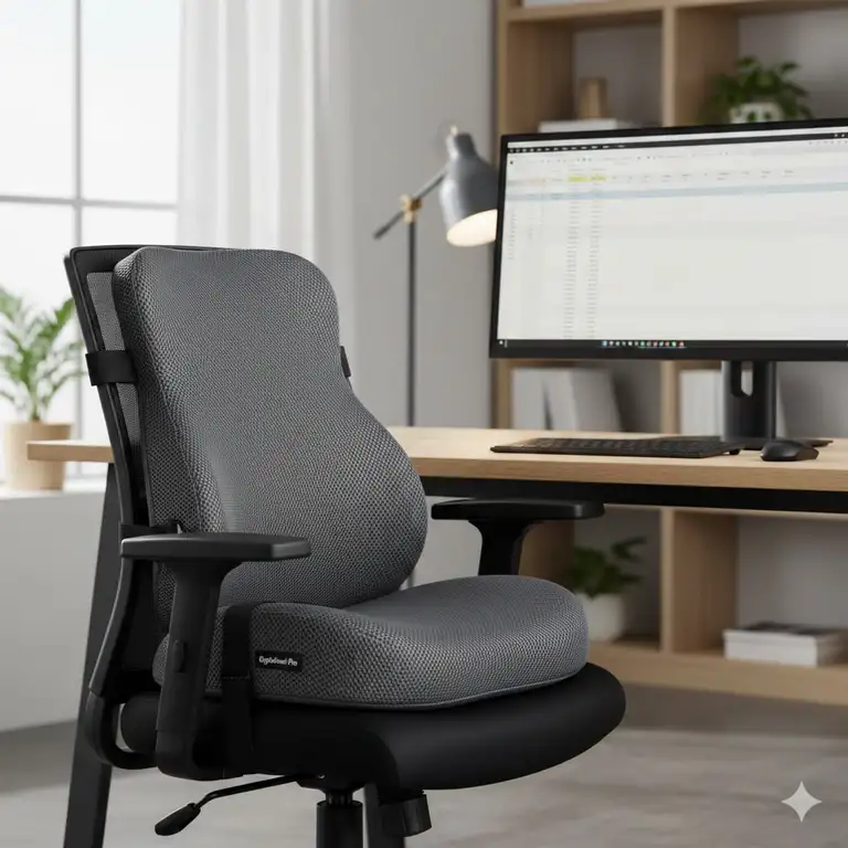 A professional ergonomic pillow for office chair back support installed on a modern desk chair.