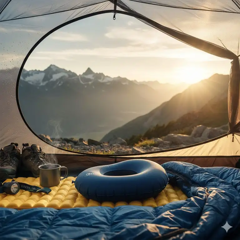 A scenic tent interior featuring the best camping pillow ultralight backpacking at sunrise.