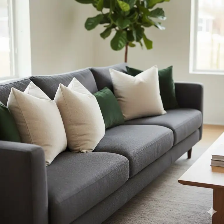 A luxury living room display featuring high-quality couch throw pillow inserts firm enough to maintain a perfect shape on a gray sofa.