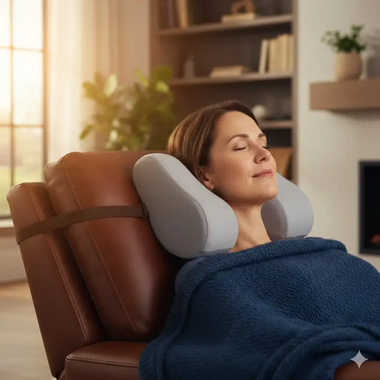A person relaxing in a leather seat using a memory foam pillow for recliner chair neck support.