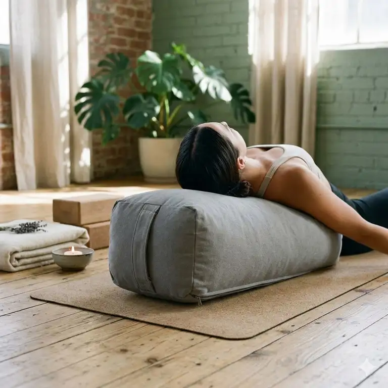 A high-quality rectangular yoga bolster pillow firm support for a practitioner in a restorative pose in a serene studio setting.