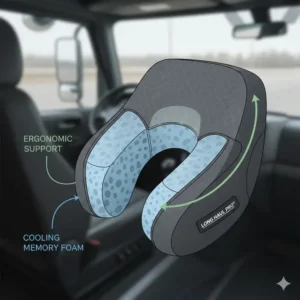 Detailed 3D diagram of an ergonomic memory foam pillow for truck drivers long trips showing neck support zones.