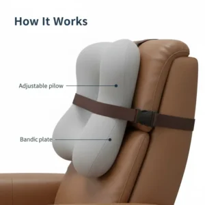 Detailed view of the adjustable strap on a pillow for recliner chair neck support attached to a headrest.