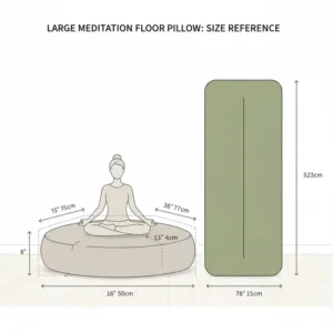 A size comparison chart of a floor pillow large meditation next to a standard yoga mat.