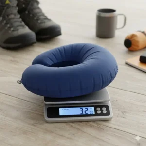 A digital scale showing the minimal weight of the best camping pillow ultralight backpacking.