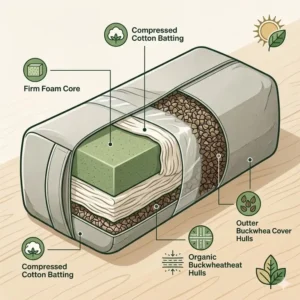 Illustration showing the layered internal construction of a yoga bolster pillow firm support designed for long-lasting use.