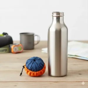 Size comparison of the best camping pillow ultralight backpacking next to a water bottle.