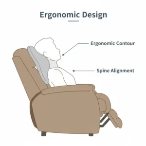 An ergonomic diagram showing the spine alignment provided by a pillow for recliner chair neck support.