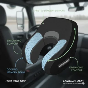 A lumbar support pillow for truck drivers long trips installed on a semi-truck seat for back comfort.