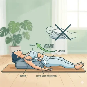 Diagram illustrating a person supported by a yoga bolster pillow firm support under the spine, maintaining correct posture and preventing sagging.