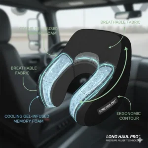 Close-up of breathable fabric and cooling gel layers in a pillow for truck drivers long trips.