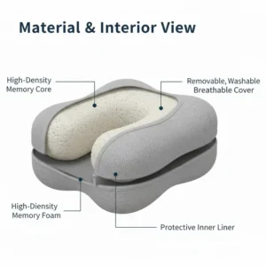 A cutaway illustration showing the high-density memory foam inside a pillow for recliner chair neck support.