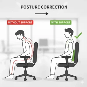 Comparison diagram showing posture improvement with a pillow for office chair back support.