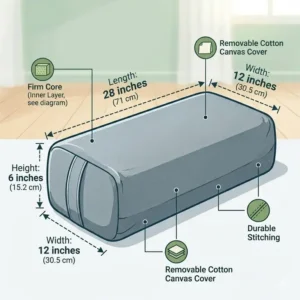 Technical illustration graphic displaying the standard dimensions (length, width, height) of a yoga bolster pillow firm support.