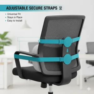 Demonstration of adjustable secure straps on a pillow for office chair back support.