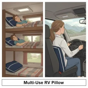 An illustration of the best RV pillow for travelers being used for both sleeping and lumbar support in the driver's seat.