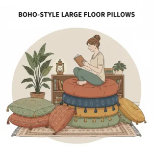 A stack of colorful boho-style cushions featuring a floor pillow large meditation in a reading nook.