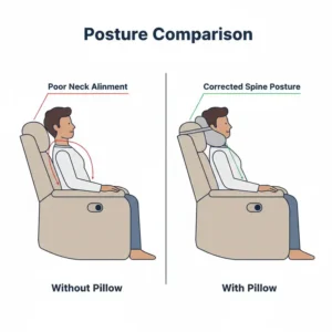 A side-by-side comparison of sitting posture with and without a pillow for recliner chair neck support.
