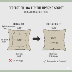 A sizing chart guide explaining how to choose couch throw pillow inserts firm and overstuffed by upsizing the insert.