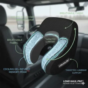 A comfortable pillow for truck drivers long trips placed on a bed inside a truck's sleeper berth.